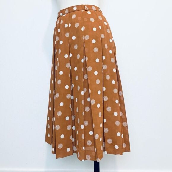 Vintage Orange Pleated Polka Dot Midi Swing Skirt S Small Lined - Picture 3 of 8